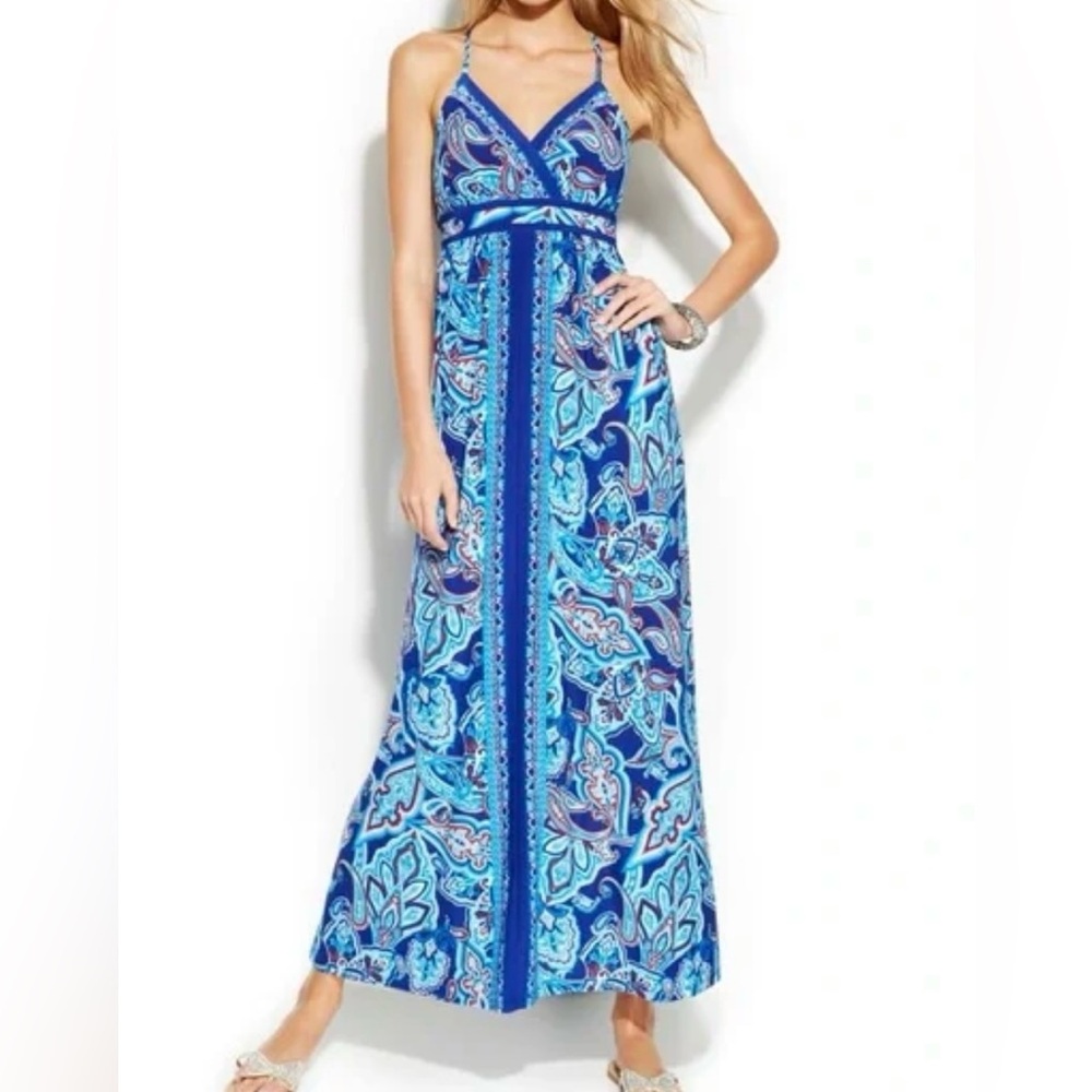 INC International Concepts Blue Tie Front A-Line Maxi Dress